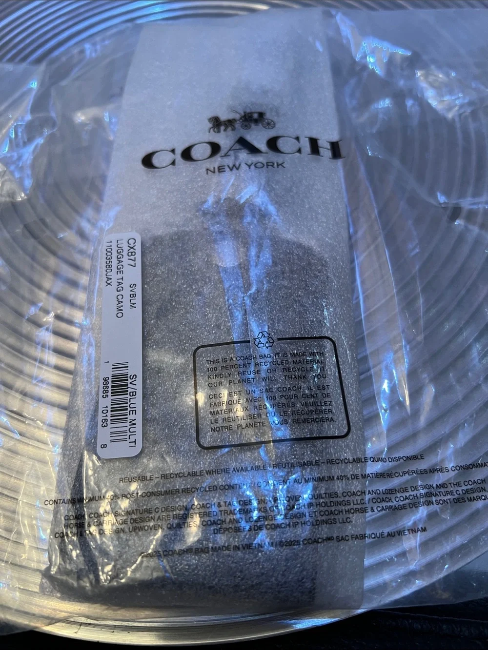 Coach NWT Black & Blue Camo Luggage Tag with Silver tone Hardware- Unisex